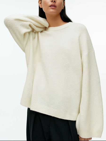 Ivory / One Size Round Neck Drop Shoulder Sweater