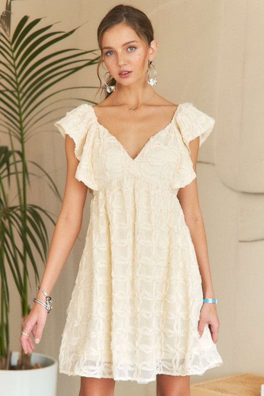 Ivory / S ADORA Tie Back V-Neck Ruffle Sleeve Dress