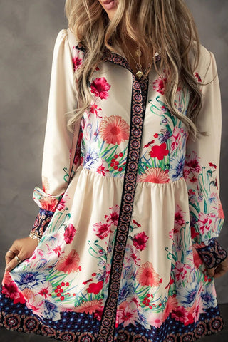 Ivory / S Flower Button Down Lantern Sleeve Dress