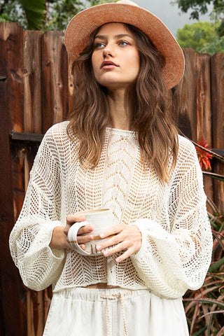 Ivory / S POL Openwork Balloon Sleeve Knit Cover Up