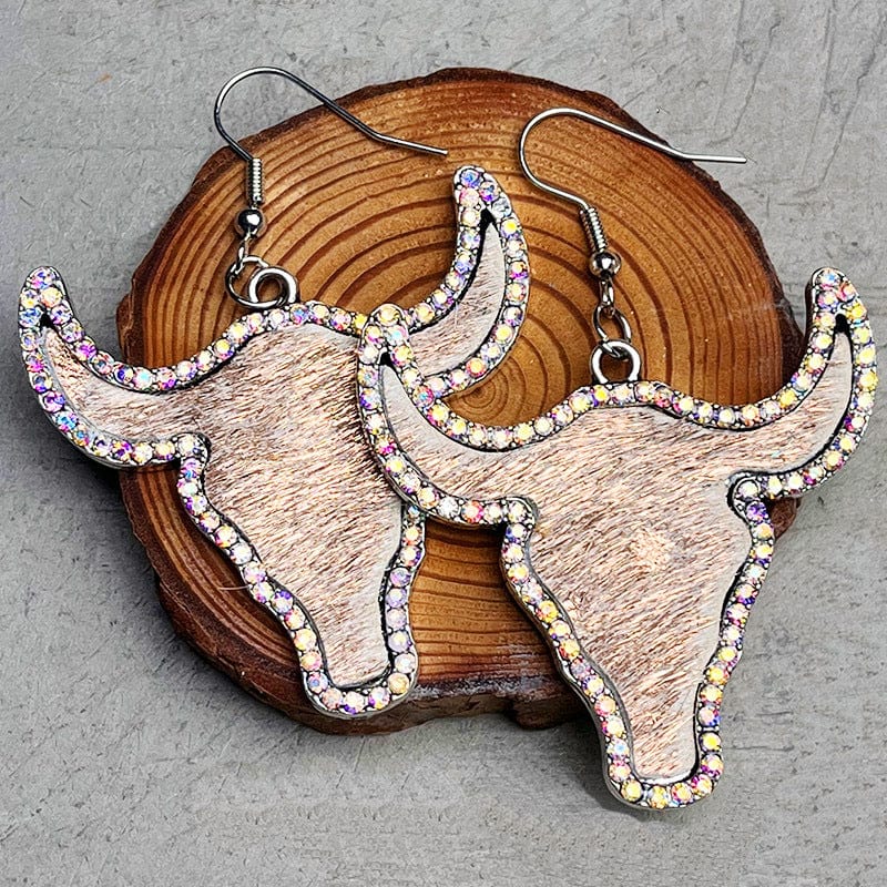 Khaki / One Size Rhinestone Bull Earrings