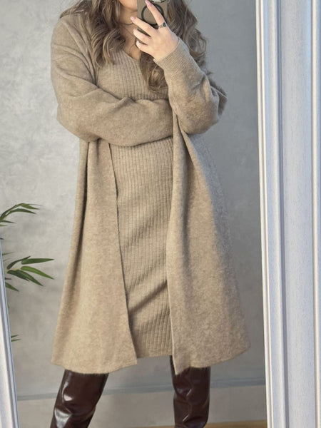 Khaki / One Size V-Neck Cami Dress and Open Front Cardigan Sweater Set