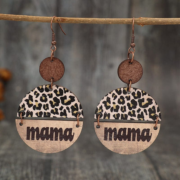 Khaki / One Size Wooden Leopard Round Shape Earrings