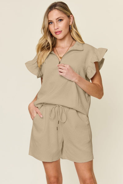 Khaki / S Double Take Full Size Texture Flounce Sleeve Top and Drawstring Shorts Set