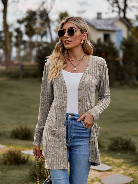 Khaki / S Double Take Ribbed Button-Up Cardigan with Pockets