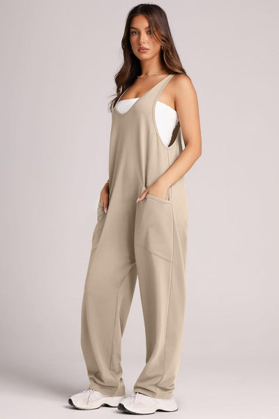 Khaki / S Lovelet Wide Strap Jumpsuit with Pockets