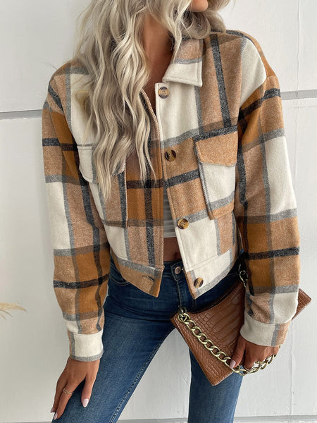 Khaki / S Perfee Plaid Button Up Drop Shoulder Cropped Jacket