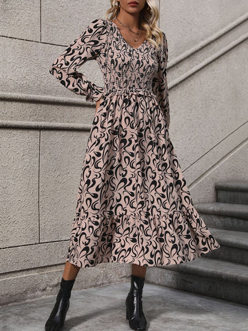 Khaki / S Perfee Printed V-Neck Long Sleeve Midi Dress