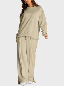 Khaki / S Round Neck Long Sleeve Top and Slit Pants Set