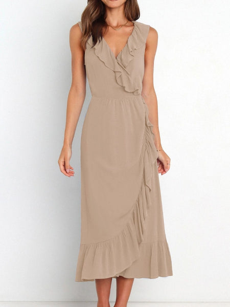 Khaki / S Ruffled Surplice Sleeveless Midi Dress