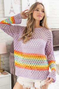 Lavender / S BiBi Rainbow Stripe Hollow Out Cover Up
