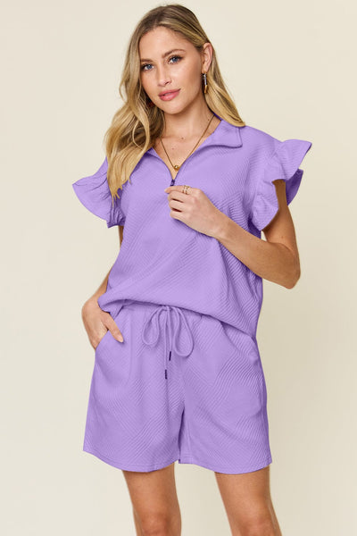 Lavender / S Double Take Full Size Texture Flounce Sleeve Top and Drawstring Shorts Set