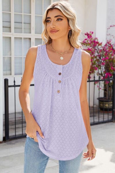 Lavender / S Eyelet Buttoned Round Neck Tank