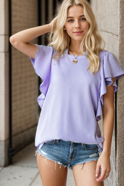 Lavender / S Heimish Full Size Ruffled Sleeve Ribbed Top