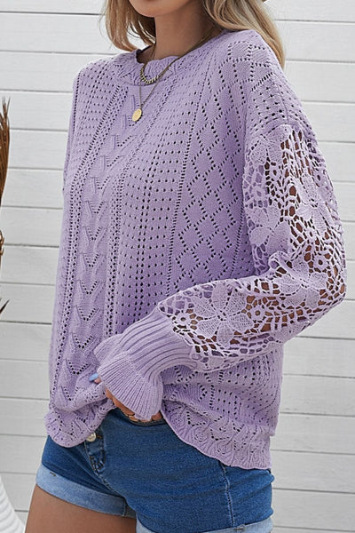 Lavender / S Openwork Round Neck Long Sleeve Sweater