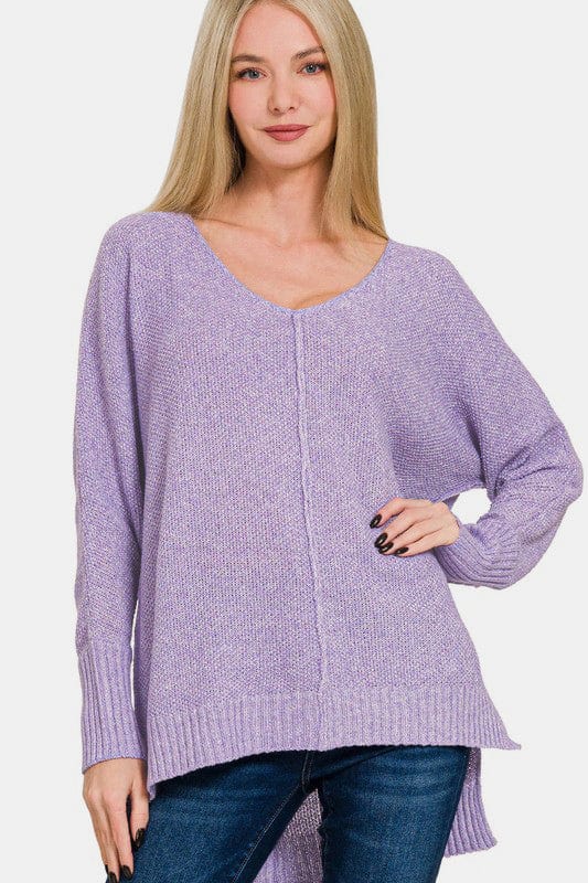 Lavender / S Zenana High-Low Center Seam V-Neck Sweater