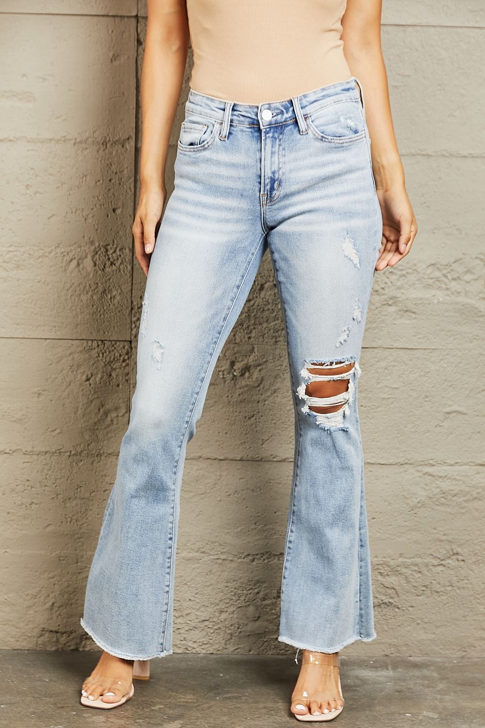 Light / 24 Mid Rise Distressed Flare Jeans