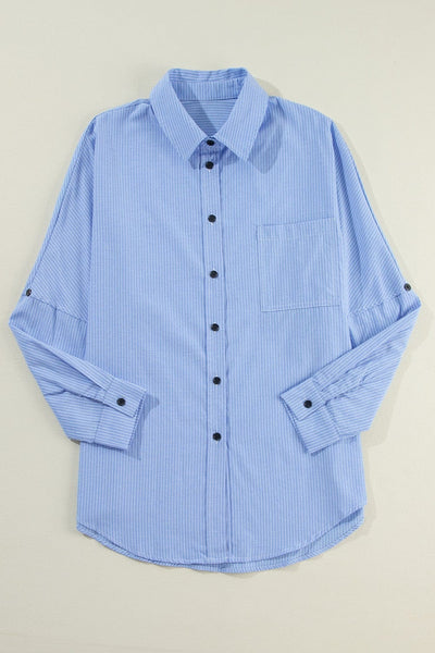 Light Blue / M Pocketed Striped Collared Neck Long Sleeve Shirt