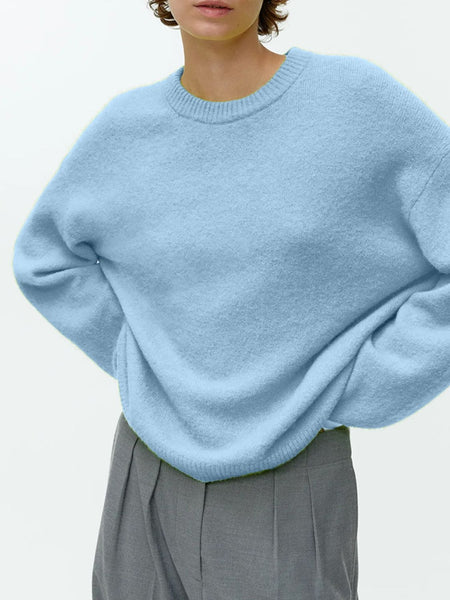 Light Blue / One Size Round Neck Drop Shoulder Sweater