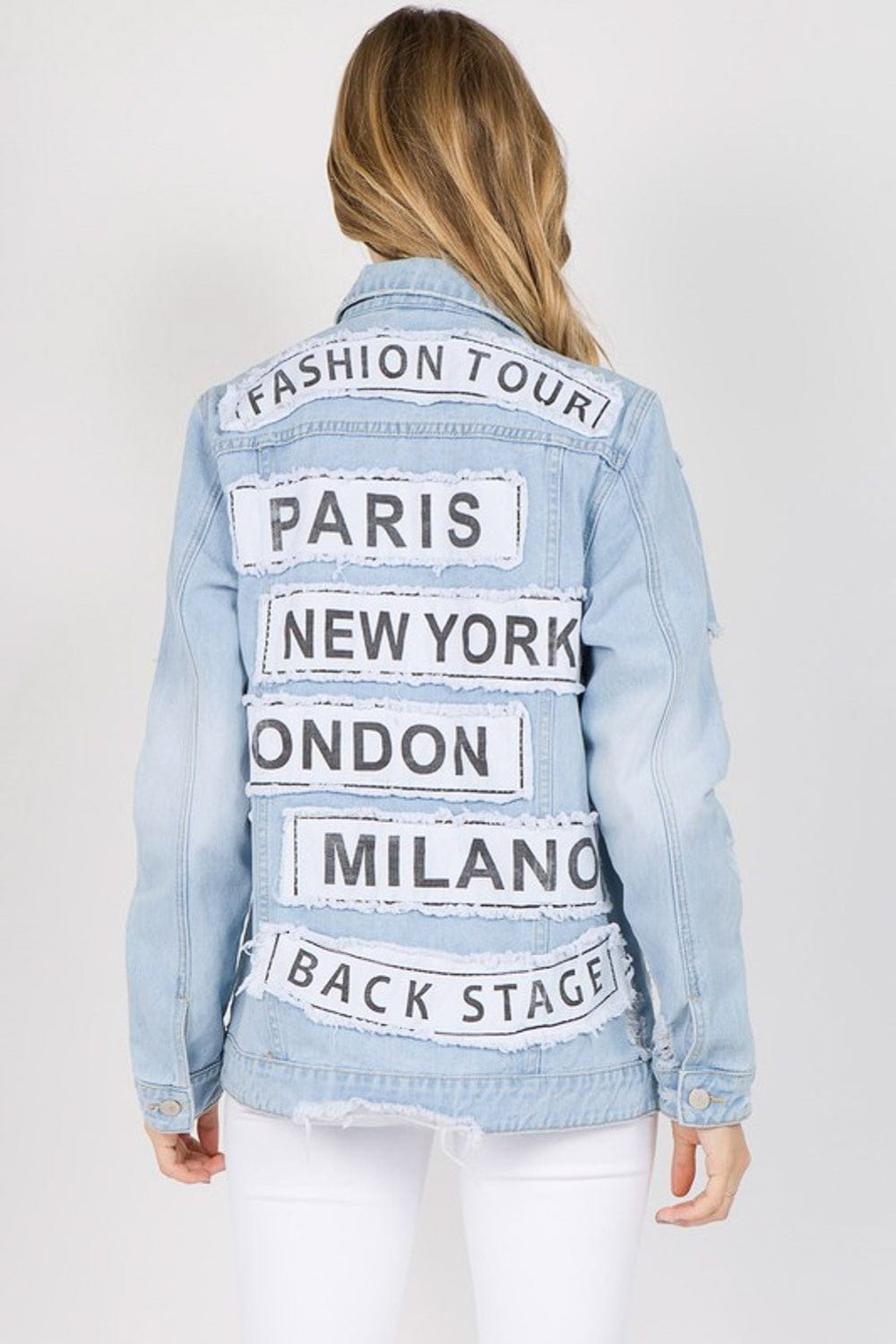 Light Blue / S American Bazi Letter Patched Distressed Denim Jacket