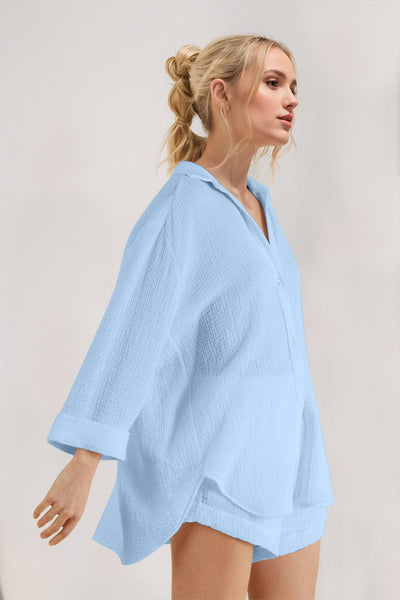 Light Blue / S Basic Bae Breathable Button Down Long Sleeve Top and Shorts Set