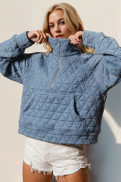 Light Blue / S Double Take Half Zip Long Sleeve Quilted Sweatshirt with Pocket