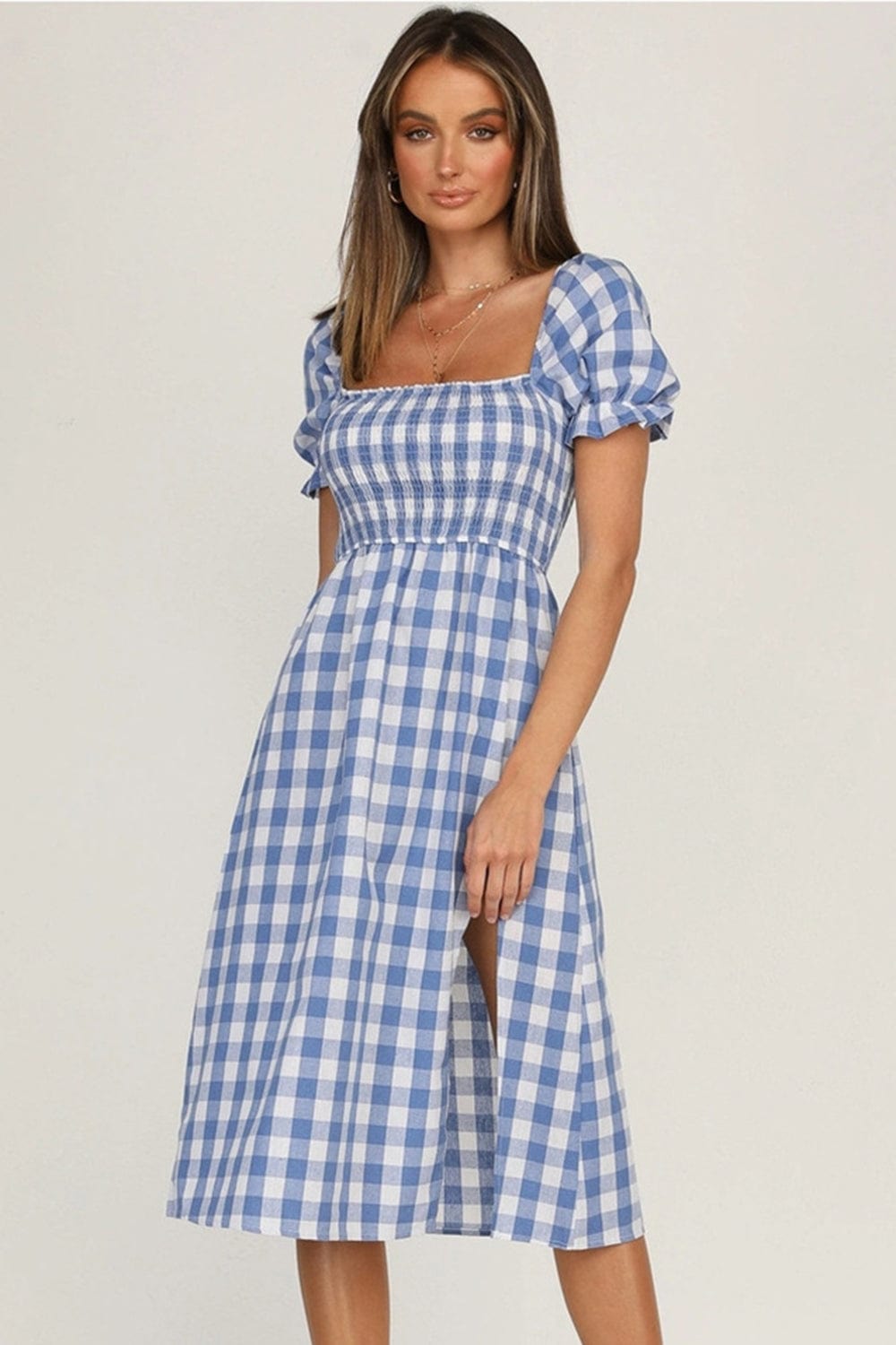 Light Blue / S Full Size Slit Plaid Short Sleeve Midi Dress