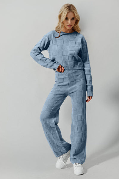 Light Blue / S/M Double Take Full Size Checkered Round Neck Top and Pants Set