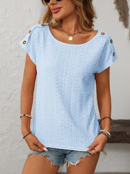 Light Blue / S Mandy Eyelet Round Neck Short Sleeve Top