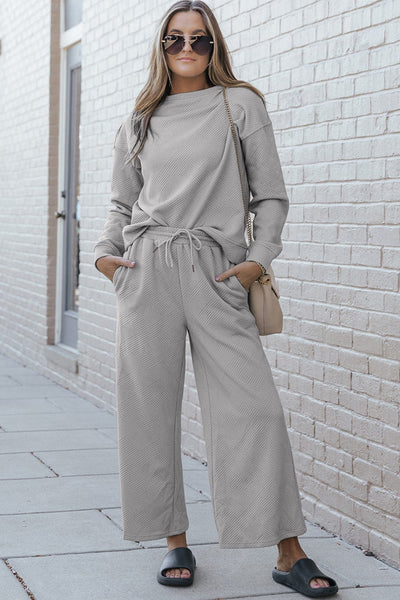 Light Gray / S Double Take Full Size Textured Long Sleeve Top and Drawstring Pants Set