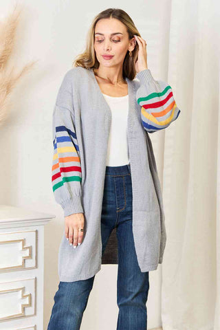Light Gray / S Double Take Multicolored Stripe Open Front Longline Cardigan
