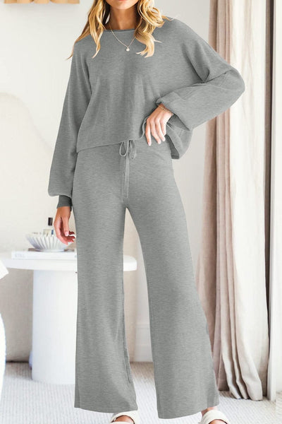 Light Gray / S Round Neck Long Sleeve Top and Pants Set