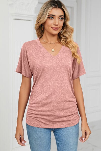 Light Mauve / S Ruched V-Neck Short Sleeve T-Shirt