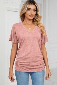 Light Mauve / S Ruched V-Neck Short Sleeve T-Shirt