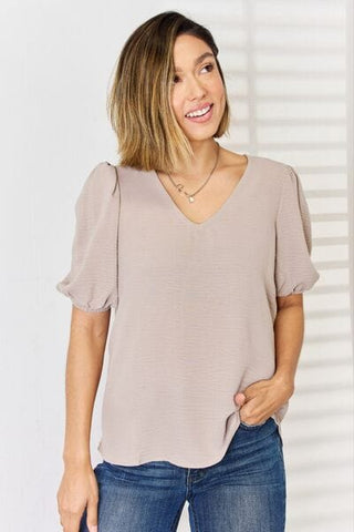 Light Mocha / S Zenana V-Neck Puff Sleeve Top