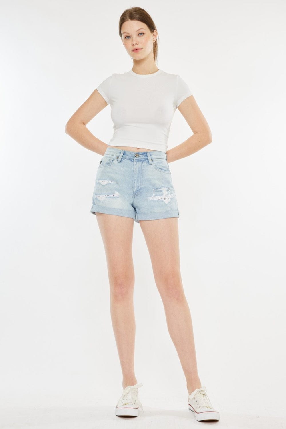 Light / S Kancan High Rise Repaired Mom Denim Shorts