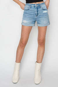 Light / S RISEN Distressed Mid-Rise Waist Denim Shorts