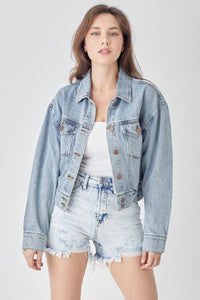 Light / S RISEN Full Size Button Down Cropped Denim Jacket