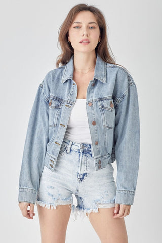 Light / S RISEN Full Size Button Down Cropped Denim Jacket