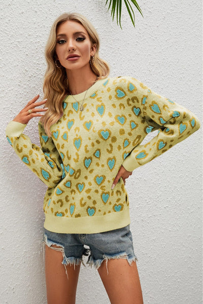 Light Yellow / S Heart Round Neck Dropped Shoulder Sweater