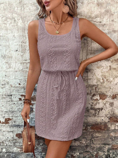 Lilac / S Eyelet Drawstring Round Neck Sleeveless Dress