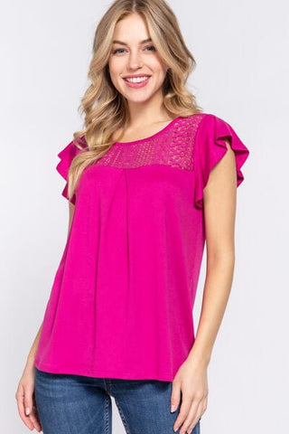 MAGENTA / S ACTIVE BASIC Ruffle Short Sleeve Lace Detail Knit Top