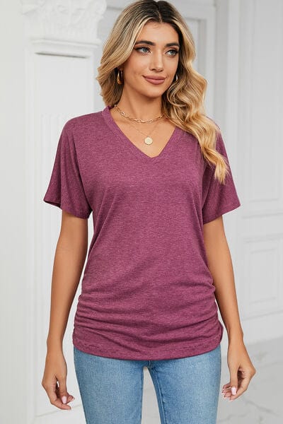 Magenta / S Ruched V-Neck Short Sleeve T-Shirt