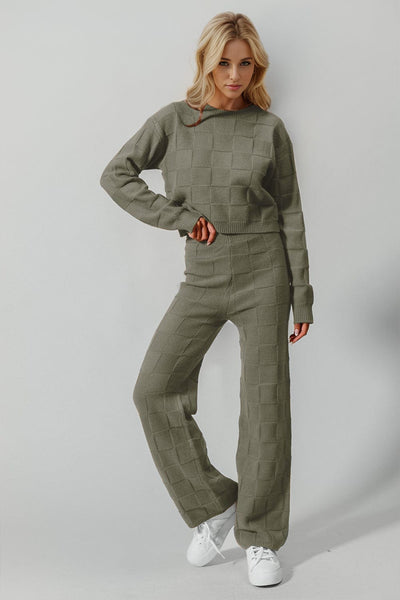 Matcha Green / S/M Double Take Full Size Checkered Round Neck Top and Pants Set