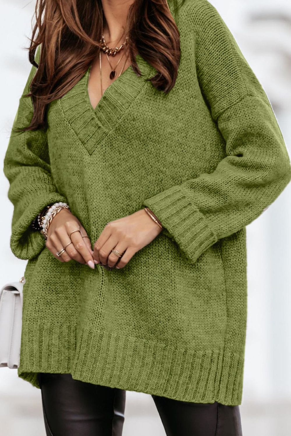 Matcha Green / S V-Neck Dropped Shoulder Sweater