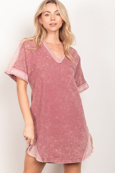 Mauve / S VERY J Short Sleeve V-Neck Tee Dress