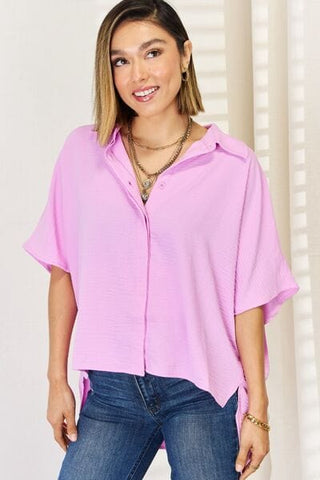 Mauve / S Zenana Texture Button Up Short Sleeve High-Low Shirt