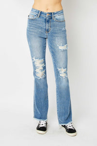 Medium / 0(24) Judy Blue Full Size Distressed Raw Hem Bootcut Jeans