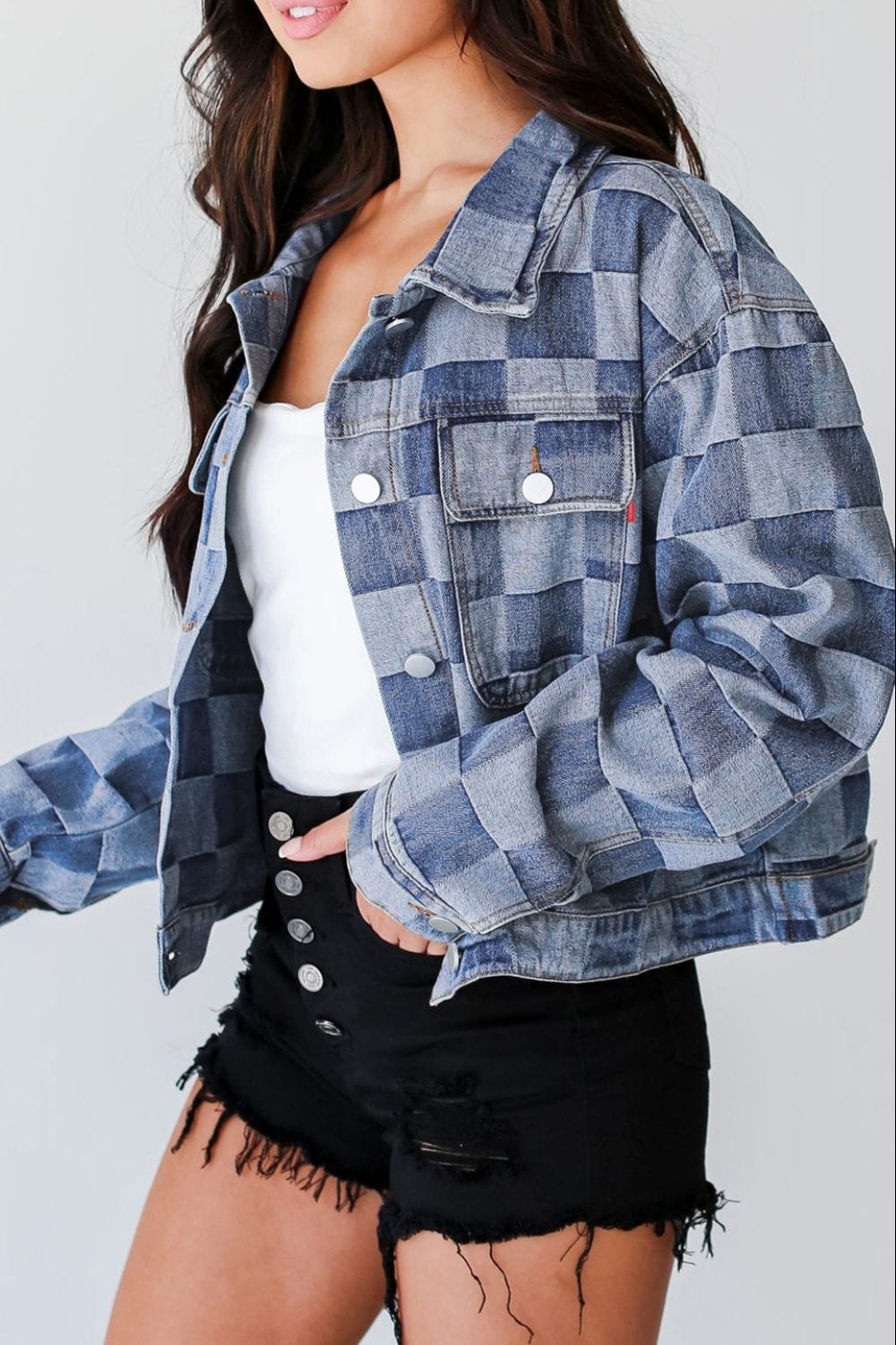 Medium / S Checkered Button Up Denim Jacket