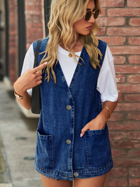 Medium / S Full Size V-Neck Button Up Denim Vest